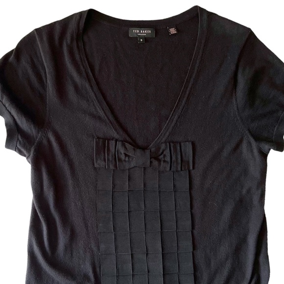 Ted Baker Black Cotton Knit V Neck Ribbon Dress | 3 (M) - Picture 6 of 10